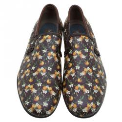 Pre Owned Dolce and Gabbana Brown Leather and Orange Print Canvas Amalfi Slip On Size 43