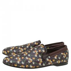Pre Owned Dolce and Gabbana Brown Leather and Orange Print Canvas Amalfi Slip On Size 43