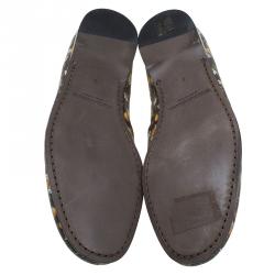 Pre Owned Dolce and Gabbana Brown Leather and Orange Print Canvas Amalfi Slip On Size 43