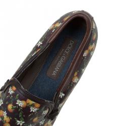 Pre Owned Dolce and Gabbana Brown Leather and Orange Print Canvas Amalfi Slip On Size 43