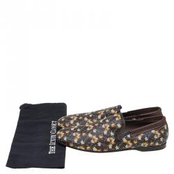 Pre Owned Dolce and Gabbana Brown Leather and Orange Print Canvas Amalfi Slip On Size 43