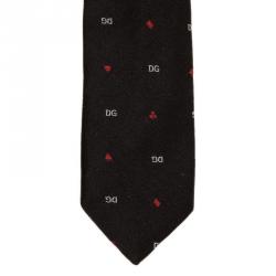 Pre Owned Dolce and Gabbana Black Silk Logo Skinny Tie 
