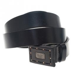 Pre Owned Dolce and Gabbana Black Leather Logo Plaque Belt 100 CM