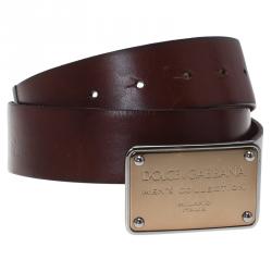 مملوكة مسبقًا Dolce and Gabbana Brown Leather Logo Plaque Belt 90CM