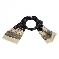 Dolce and Gabbana Navy Blue & Cream Two Tone Owl Print Silk Stole