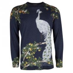 Pre Owned Dolce and Gabbana Navy Blue Peacock Printed Long Sleeve T-Shirt XXL