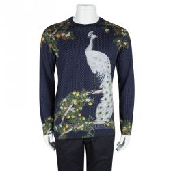 Pre Owned Dolce and Gabbana Navy Blue Peacock Printed Long Sleeve T-Shirt XXL