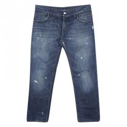 Pre Owned بنطلون جينز دولتشي أند غابانا قصة مستقيمة دنيم ممزق مغسول داكن إنديغو XL