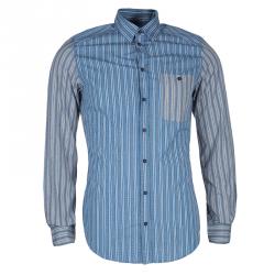 Pre Owned Dolce and Gabbana Men's Grey and Blue Striped Shirt M