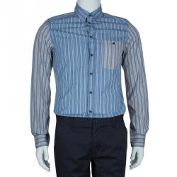Pre Owned Dolce and Gabbana Men's Grey and Blue Striped Shirt M