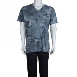 Pre Owned Dolce and Gabbana Blue Camouflage Print V-Neck T-shirt XL