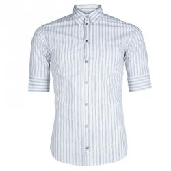 مملوكة مسبقًا قميص دولتشي أند غابانا أزرار أمامية أكمام ثلاثة أرباع قطن أبيض مخطط M