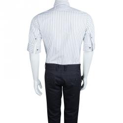 مملوكة مسبقًا قميص دولتشي أند غابانا أزرار أمامية أكمام ثلاثة أرباع قطن أبيض مخطط M