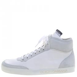 مملوكة مسبقًا Dolce and Gabbana White/Grey Leather and Suede High Top Sneakers Size 44