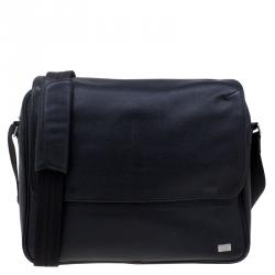 Dunhill Black Pebbled Leather Flap Messenger Bag