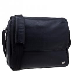 Dunhill Black Pebbled Leather Flap Messenger Bag