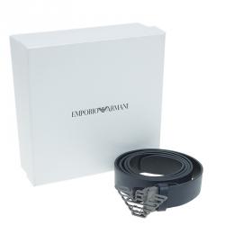Emporio Armani Navy Blue Saffiano Leather Eagle Buckle One Size Belt 