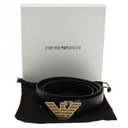 Pre Owned Emporio Armani Black Leather Eagle Buckle One Size Belt