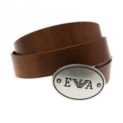 Pre Owned Emporio Armani Brown Leather Logo Plaque Belt 105CM