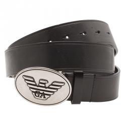 Pre Owned Emporio Armani Black Leather Logo Buckle Belt 105 CM