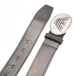 Pre Owned Emporio Armani Black Leather Logo Buckle Belt 105 CM