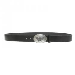 Pre Owned Emporio Armani Black Leather Logo Buckle Belt 115 CM