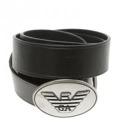 Pre Owned Emporio Armani Black Leather Logo Buckle Belt 115 CM