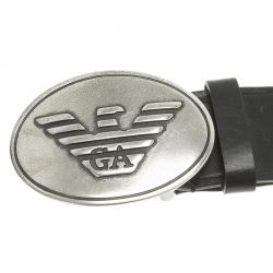 Pre Owned Emporio Armani Black Leather Logo Buckle Belt 115 CM