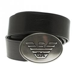 Pre Owned Emporio Armani Black Leather Logo Buckle Belt 115 CM
