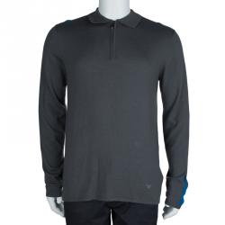 Pre Owned Emporio Armani Grey Zip Detail Polo Sweater L