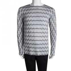 Pre Owned Emporio Armani Grey Wool Geometric Pattern Sweater M