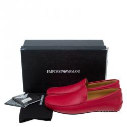 Emporio Armani Red Leather Logo Embossed Loafers Size 43.5