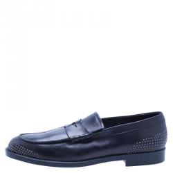 Pre Owned Emporio Armani Black Studded Leather Penny Loafers Size 43