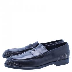 Pre Owned Emporio Armani Black Studded Leather Penny Loafers Size 43