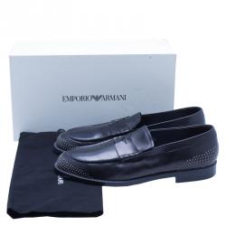 Pre Owned Emporio Armani Black Studded Leather Penny Loafers Size 43