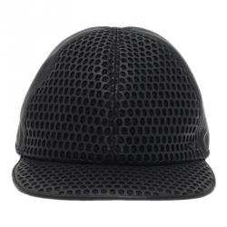 Pre Owned Emporio Armani Black Leather Cutout Baseball Cap Size L