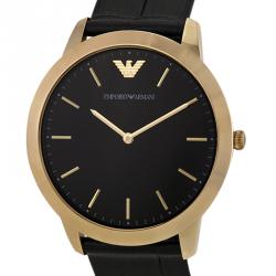 Pre Owned Emporio Armani Black Gold-Plated Stainless Steel AR1742 Men's Wristwatch 42MM