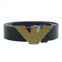 Pre Owned Emporio Armani Black Leather Eagle Buckle One Size Belt 