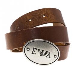 Pre Owned Emporio Armani Brown Leather Logo Belt 95CM