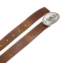 Pre Owned Emporio Armani Brown Leather Logo Belt 95CM