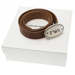 Pre Owned Emporio Armani Brown Leather Logo Belt 95CM