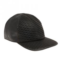 Pre Owned Emporio Armani Black Perforated Leather Baseball Cap L