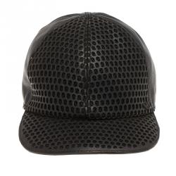 Pre Owned Emporio Armani Black Perforated Leather Baseball Cap L