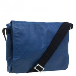Emporio Armani Blue Leather Logo Print Messenger Bag