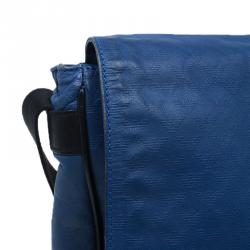 Emporio Armani Blue Leather Logo Print Messenger Bag