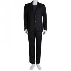 Pre Owned Emporio Armani Charcoal Grey Striped Wool Suit L