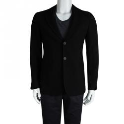 Pre Owned جاكيت امبوريو أرماني بقصة أيه لاين وزرين صوف أسود منقوش S