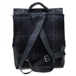 Pre Owned Emporio Armani Black Leather and Calf Hair Check Fash Backpack