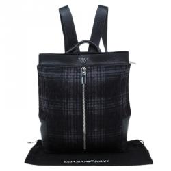 Pre Owned Emporio Armani Black Leather and Calf Hair Check Fash Backpack