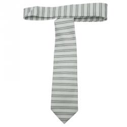 Pre Owned Ermenegildo Zegna Sea Green White and Brown Textured Striped Silk Tie